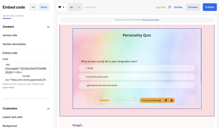 Using your embed code on a Weebly website